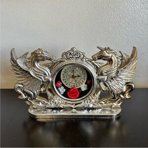 Vintage Collectible Silver Gold Metallic Unicorn Pegasus Clock